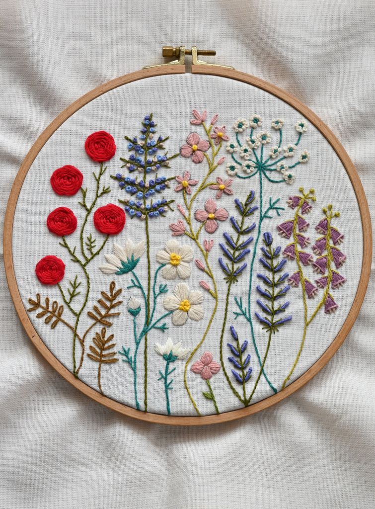 Handcrafted floral embroidery in a hoop showcasing colorful flowers on fabric.